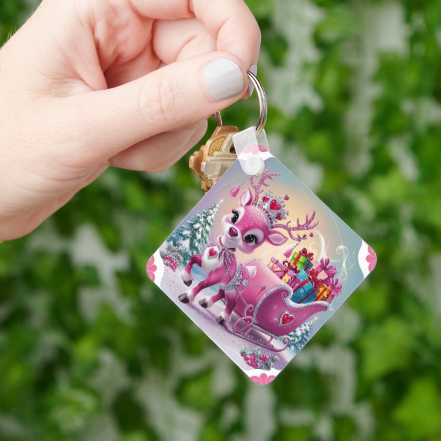 Charming Rosa Reindeer jul Ornament Nyckelring (Hand)