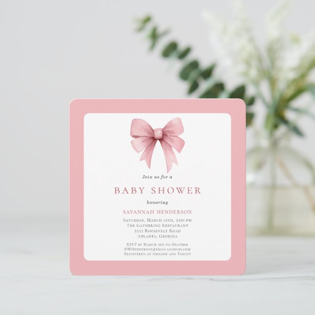 Charming Rosa Ribbon Bow Girl Baby Shower Inbjudningar (Stående Fram)