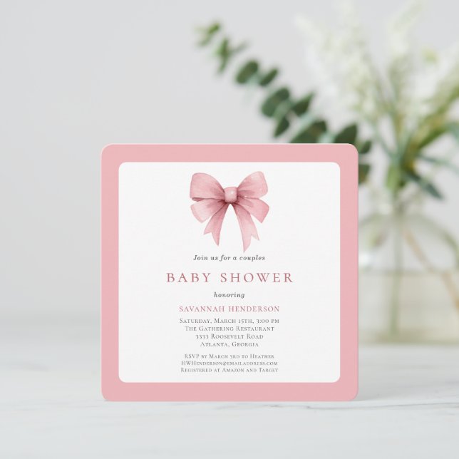 Charming Rosa Ribbon Bow Girl Par Baby Shower Inbjudningar (Stående Fram)