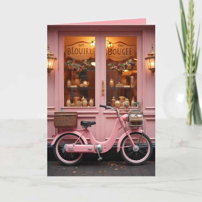 Charming Rosa Storefront med Vintage Moped Inbjudan (Framsida)