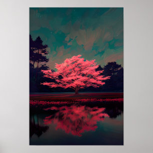 Charming Rosa Träd av den reflekterande Sjö Poster