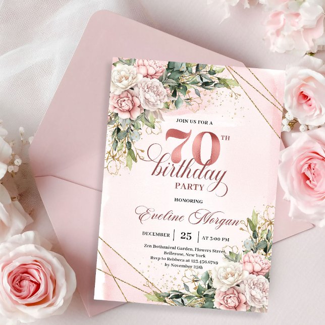 Charming Rose Gold Eucalyptus Greenery 70 Birthday Inbjudningar (Charming Rose Gold Eucalyptus Greenery 70th Birthday Invitation)