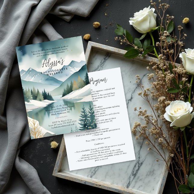 Charming Rustic Mountains Landscape Watercolor Inbjudningar (Charming Rustic Mountains Landscape Watercolor effect Bachelorette Weekend Invitation Design.)