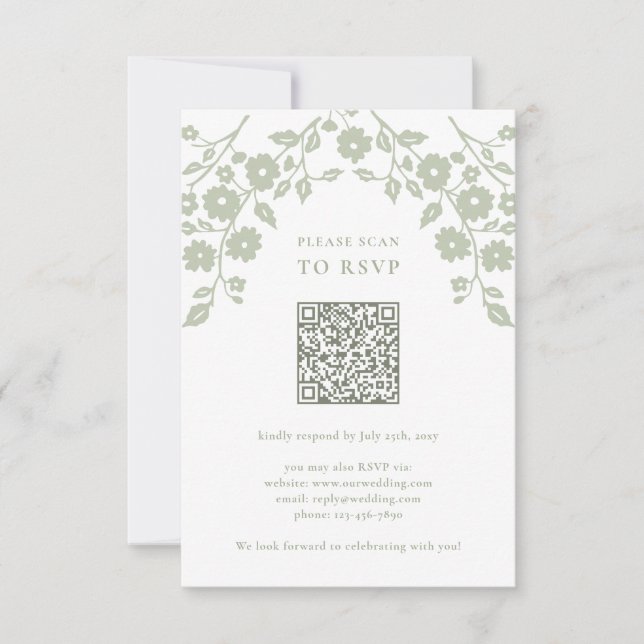 Charming Sage Grönt Folk Flowers QR-kod OSA Kort (Framsida)
