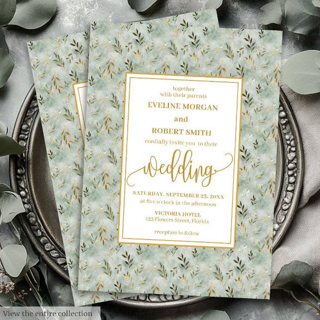 Charming Sage Grönt Guld Eucalyptus bröllopsinbjud Inbjudningar (Charming Sage Green Gold Eucalyptus Wedding Invitation)