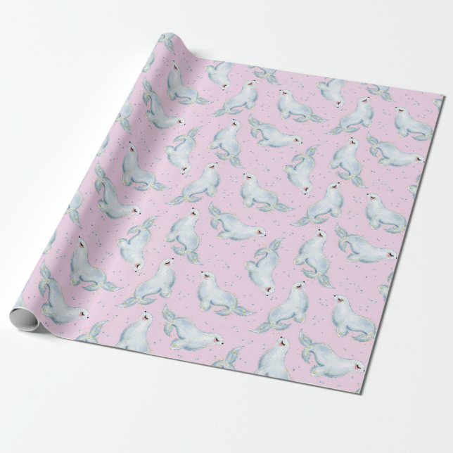 Charming Seal Ocean Animals in Pastel Rosa Presentpapper (Utrullad)