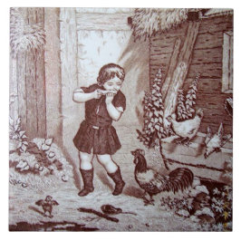 Charming Sepia Tile Farm Boy och Chickens Kakelplatta