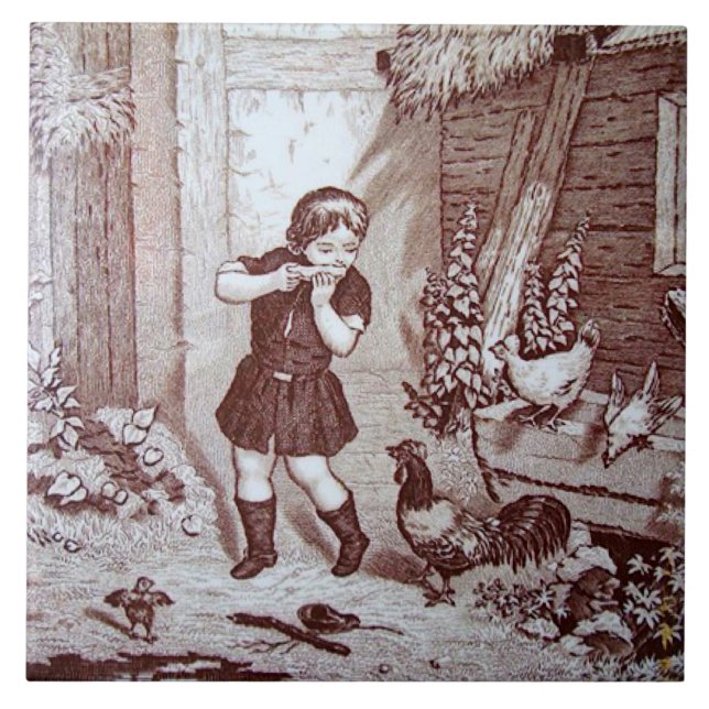 Charming Sepia Tile Farm Boy och Chickens Kakelplatta (Framsidan)