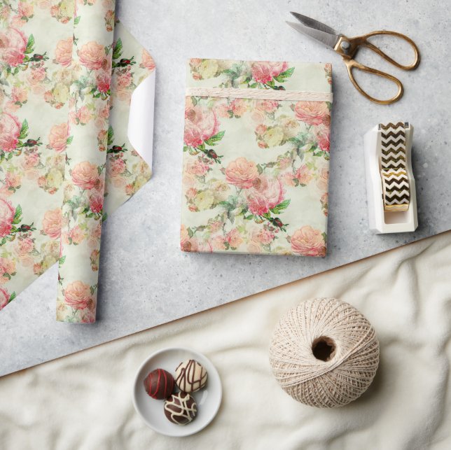 Charming Shabby chic Rosa Blommigt Ro Art Mönster Presentpapper (Hantverk)
