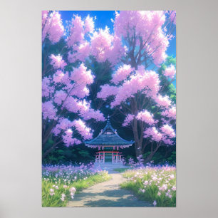 Charming Shrine under Cherry Blommar Poster