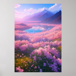 Charming Sjö, omgiven av Rosa Flowers Poster