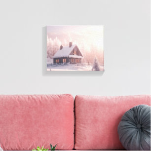 Charming Snö-täckt träkabin i en skog Canvastryck
