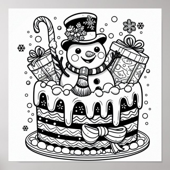 Charming Snögubbe Helgdag Cake Coloring Poster (Framsidan)
