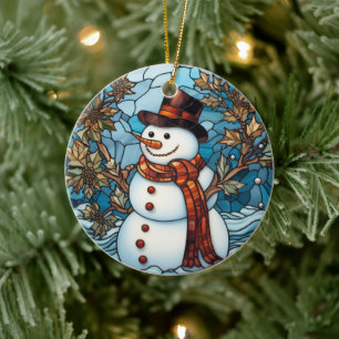 Charming Snögubbe Stached Glass-julprydnad Julgransprydnad Keramik