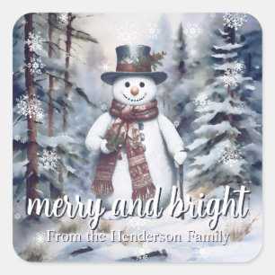 Charming Snögubbe Watercolor Winter Forest Fyrkantigt Klistermärke