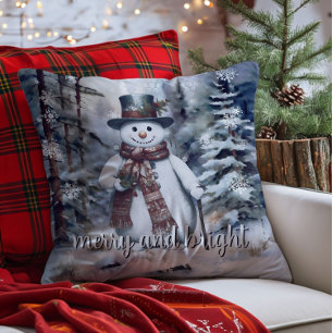 Charming Snögubbe Watercolor Winter Forest Kudde