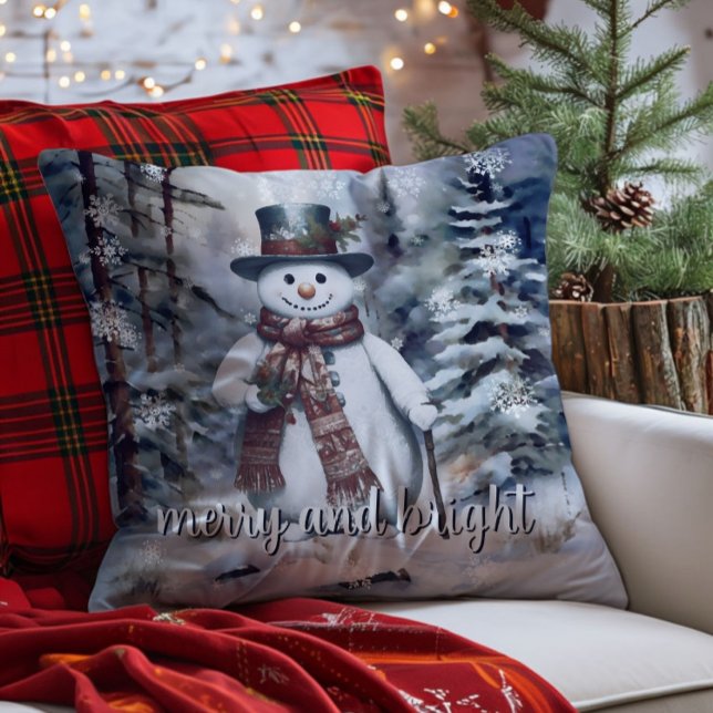 Charming Snögubbe Watercolor Winter Forest Kudde (Charming Snowman Watercolor Winter Forest Throw Pillow)