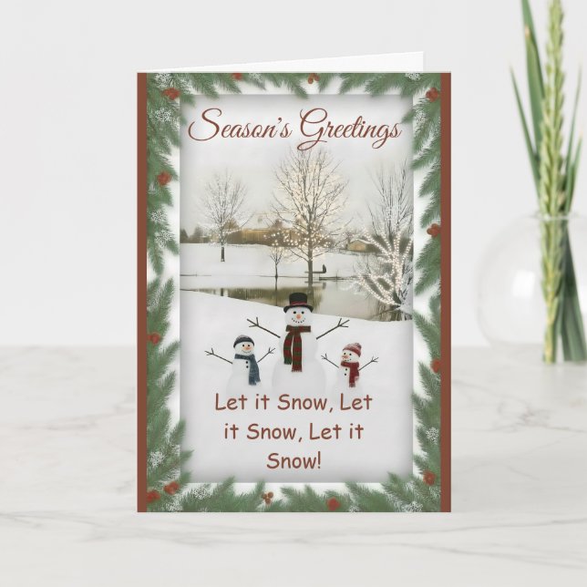 Charming snowmen serene winter landscape kort (Framsida)