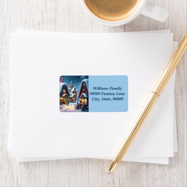 Charming snowy-julbyn adressetikett (Insitu)