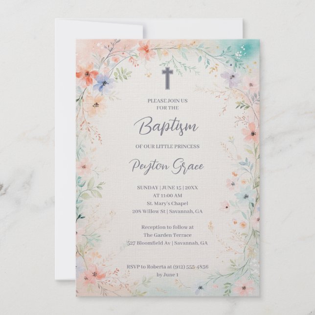 Charming Soft Botanical Floral Frame Baptism Inbjudningar (Framsida)