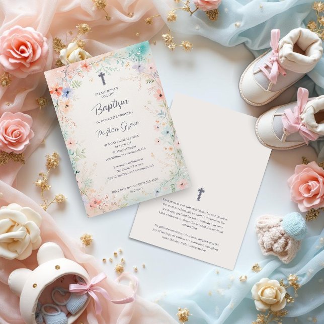 Charming Soft Botanical Floral Frame Baptism Inbjudningar (Charming Digital Watercolor Soft Botanical Floral Frame Baptism Invitation Cards Design.)