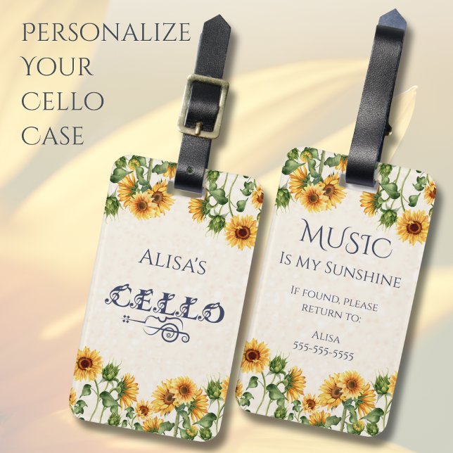Charming Solros Cello Instrument Fodral Märkre Bagagebricka (Make a unique and personalized tag for your favorite cellist today!)
