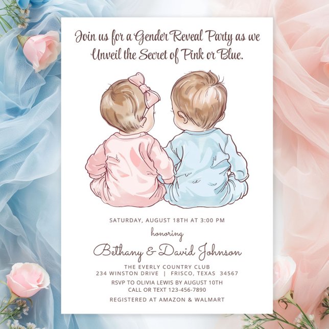 Charming Spädbarn i Pajamas Gender Reveal Party Inbjudningar (Adorable babies wearing pajamas gender reveal invitation. A sweet invitation for the big reveal!)