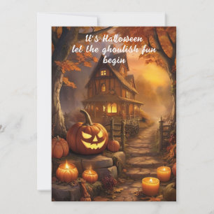 Charming Spooky Halloween Cottage med Pumpkins Tack Kort