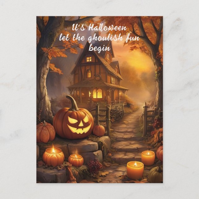 Charming Spooky Halloween Cottage med Pumpkins Vykort (Framsida)