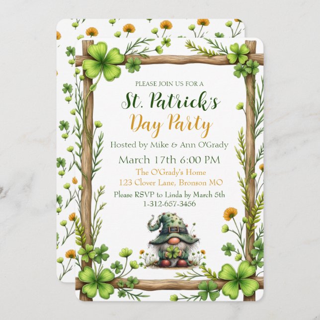Charming Spring Clover & Gnome Invitation  Inbjudningar (Fram/baksida)