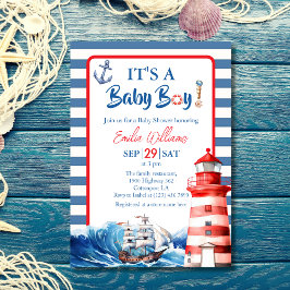 Charming Striped Blue Red Nautical Ahoy Baby Boy Inbjudningar