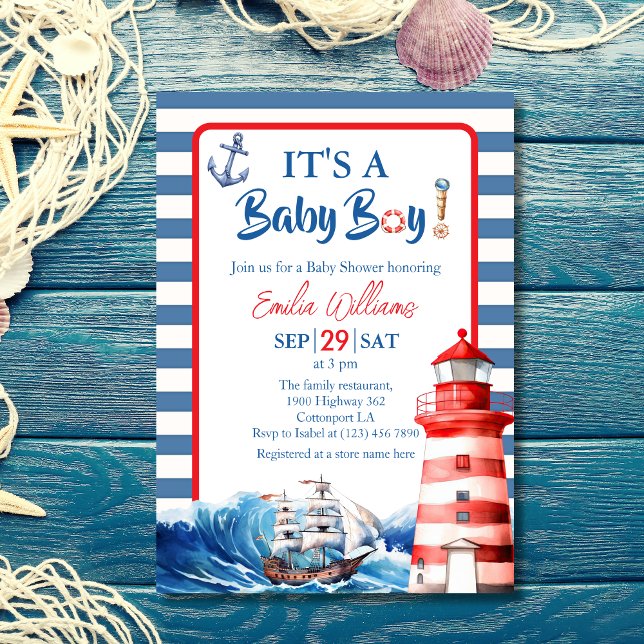 Charming Striped Blue Red Nautical Ahoy Baby Boy Inbjudningar (Skapare uppladdad)