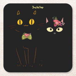 Charming Svarta katter Gult Ögon Underlägg Papper Kvadrat