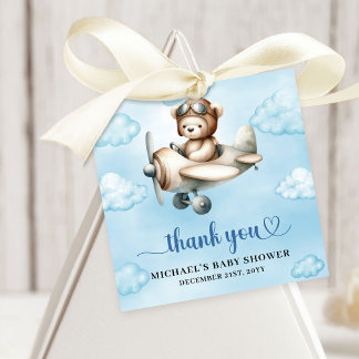 Charming Teddy Bear Pilot Blue Brown Baby Shower  Gåvor Etiketter