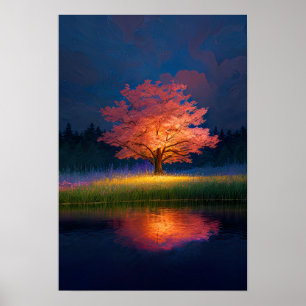 Charming Träd belyst i rött Poster