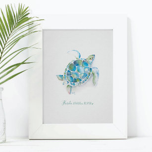Charming Turcos Blue Watercolor Sea Turtle Poster