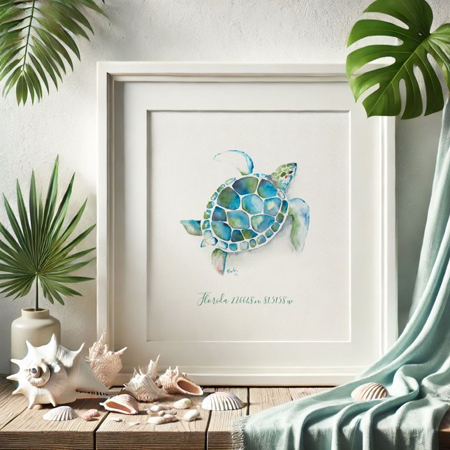 Charming Turcos Blue Watercolor Sea Turtle Poster (Florida beach pictures watercolor sea turtle art by Victoria Grigaliunas of Do Tell A Belle)
