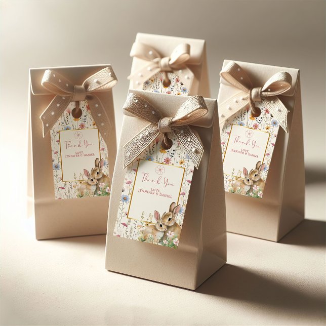 Charming Twin Bunny Blommigt Neutralt Baby Shower Presentetikett (Skapare uppladdad)