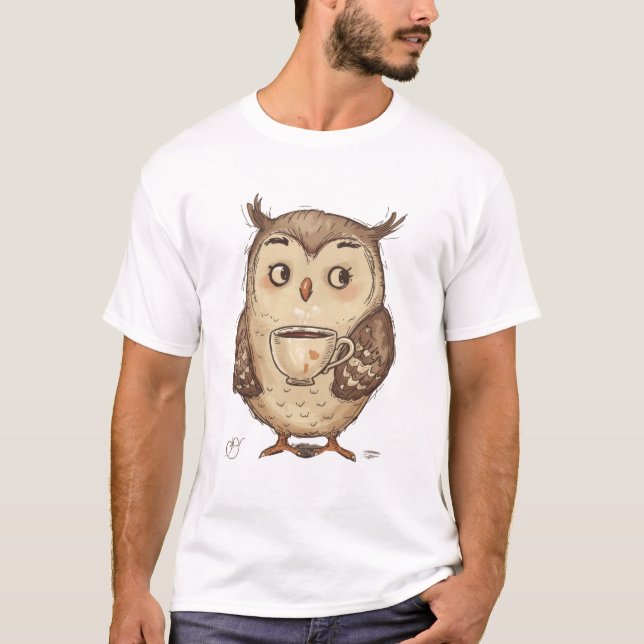 Charming Uggla med illustration av kaffe Kopp T Shirt (Framsida)