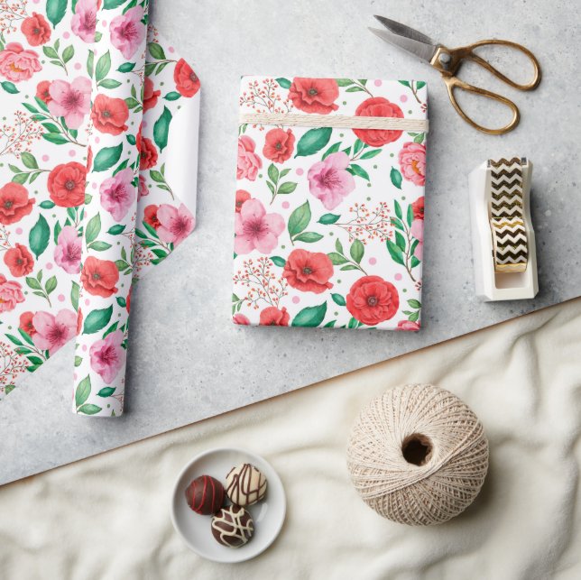 Charming Vår Rosa Blommars & Rosa Confetti Dots Presentpapper (Hantverk)