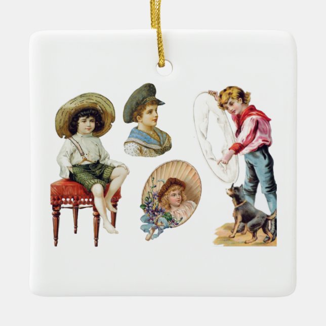 Charming Victorian Children and Hund Collage Julgransprydnad Keramik (Framsida)