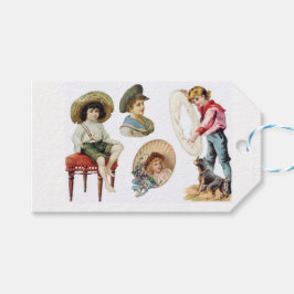 Charming Victorian Children and Hund Collage Presentetikett