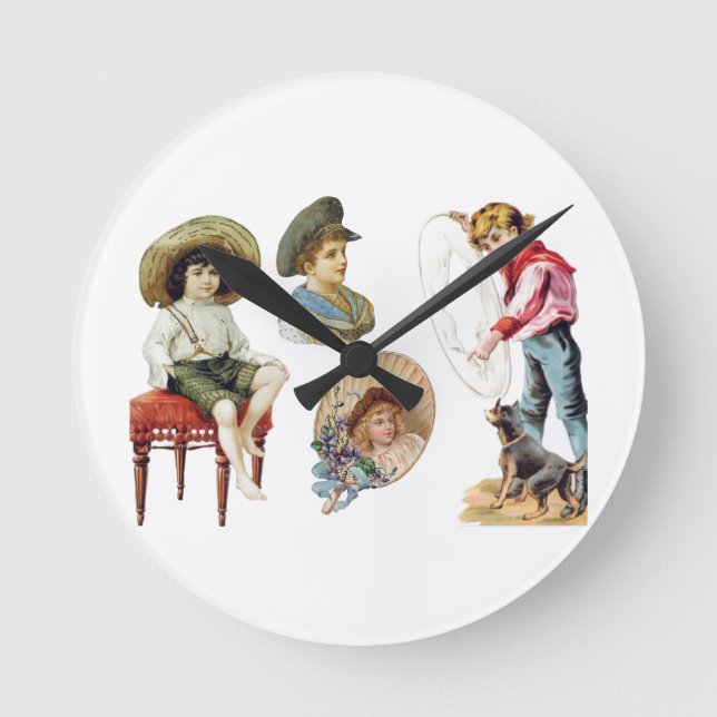 Charming Victorian Children and Hund Collage Rund Klocka (Framsida)