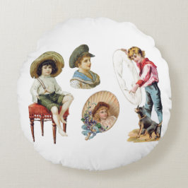 Charming Victorian Children and Hund Collage Rund Kudde