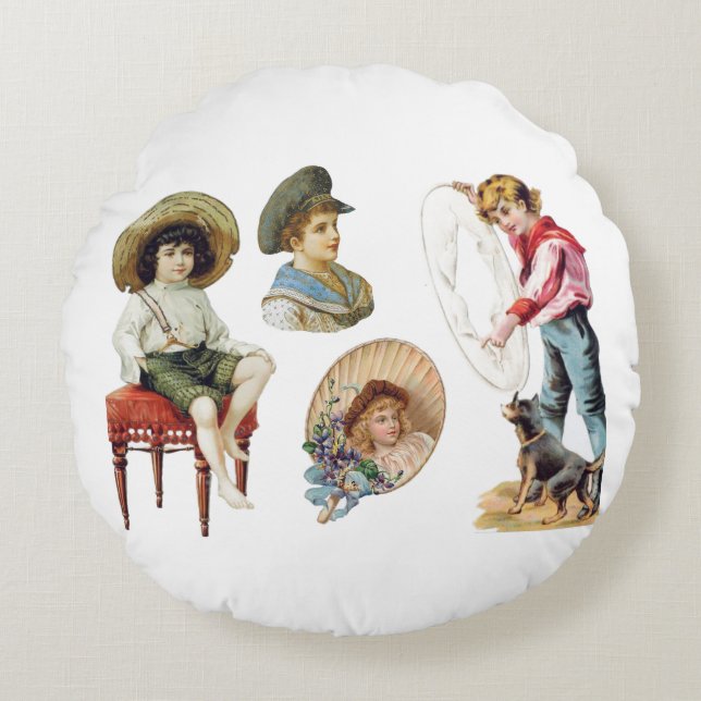 Charming Victorian Children and Hund Collage Rund Kudde (Framsidan)