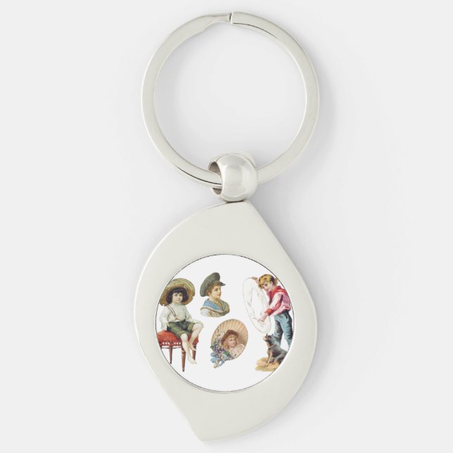 Charming Victorian Children and Hund Collage Swirl Silverfärgad Nyckelring (Framsidan)