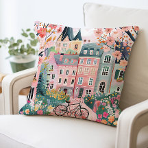 Charming Village Scene Pillow, färgstarka hus