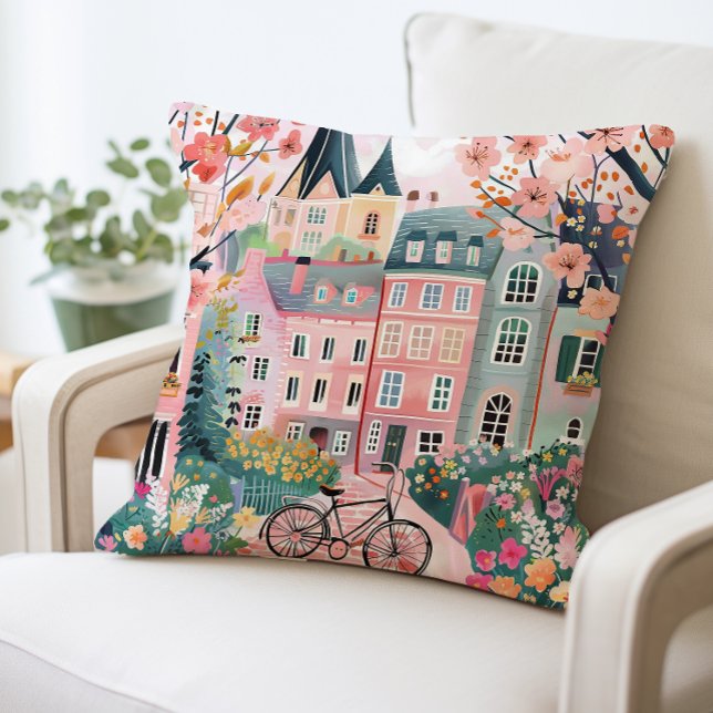 Charming Village Scene Pillow, färgstarka hus Kudde (Skapare uppladdad)