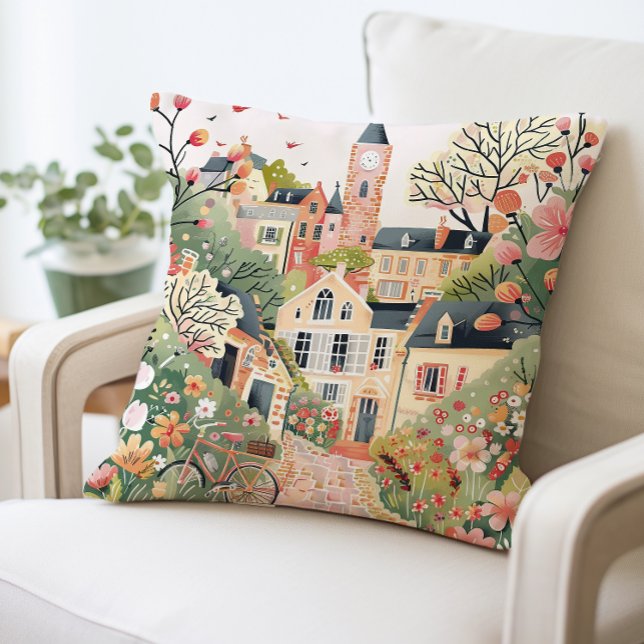 Charming Village Scene Pillow, Whimsical Pastel Kudde (Skapare uppladdad)