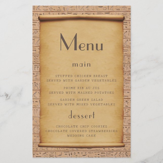 Charming Vintage Egyptian Papyrus Bröllop Menu (Framsida)